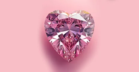 Foto op Plexiglas Crystal heart isolated on pink background space for text. A symbol of love. Diamond heart isolated on pink background. Jewelry heart close-up. Heart shaped diamond for your design.  © Helen-HD