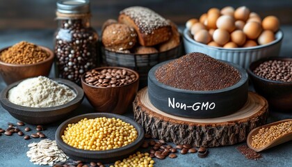 A variety of whole foods and grains surround a board with the words "Non-GMO" highlighting organic food choices.