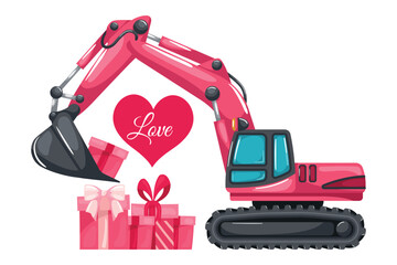 Tracked or crawler excavator loading boxes of gifts for Valentine's Day. Heavy machinery used in the construction and mining industry