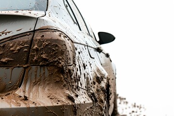 Dirty muddy car, covered in mud.