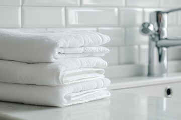 Fototapeta na wymiar Clean, freshly laundered towels against the backdrop of a modern interior bathroom.