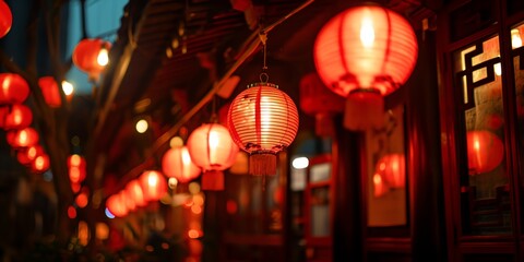 Naklejka premium Red Chinese lanterns hanging on buildings at evening.