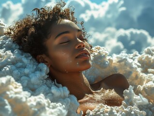 A beautiful young woman sleeping very comfortably. 