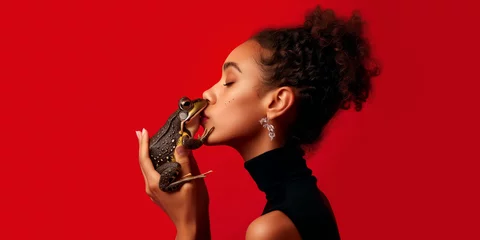 Foto op Canvas Elegant gekleidete Frau küsst einen Frosch auf der Suche nach dem perfekten Partner © stockmotion