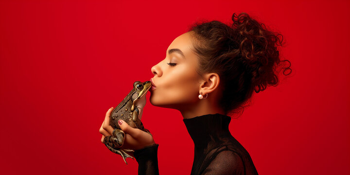 Elegant gekleidete Frau k&uuml;sst einen Frosch auf der Suche nach dem perfekten Partner