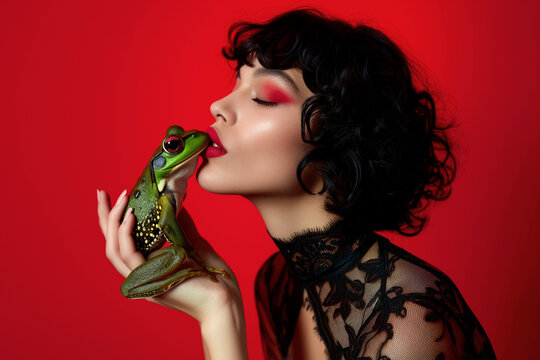 Elegant gekleidete Frau küsst einen Frosch auf der Suche nach dem perfekten Partner