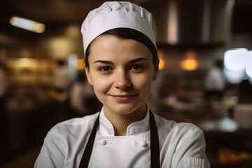 Portrait of a smiling female chef in the kitchen