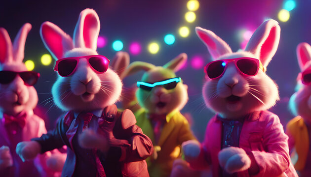 Easter party concept. Cool easter bunnys in sunglasses on a party.