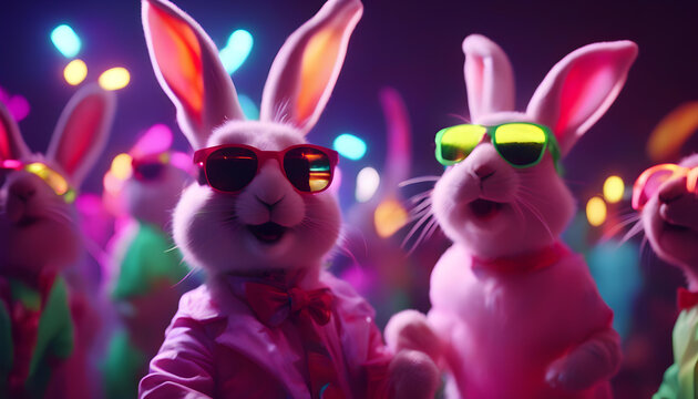 Easter party concept. Cool easter bunnys in sunglasses on a party.