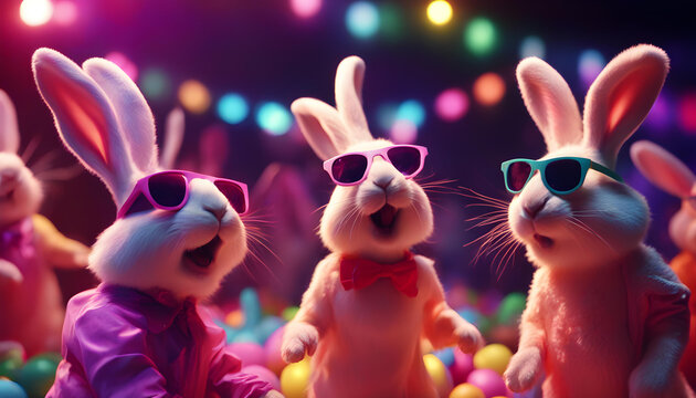 Easter party concept. Cool easter bunnys in sunglasses on a party.