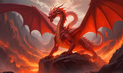 Fotobehang A majestic red dragon soaring through a mystical landscape © Zain