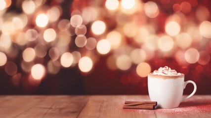 Warm Holiday Comfort: Hot Chocolate with Whipped Cream and Cinnamon Sticks, Horizontal Poster or Sign with Open Empty Copy Space for Text 
