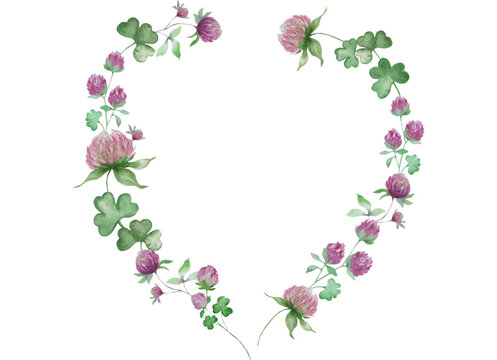 Heart wreath of clover. Shamrock, trefoil. St.Patrick 's Day. Watercolor illustration. Isolated on a white background. Vector EPS.