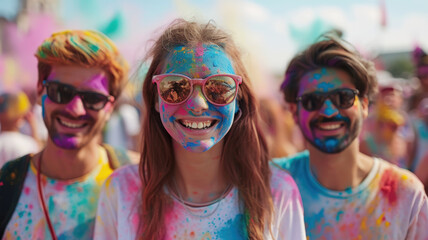 People celebrating Holi festival in India, happy girl tourist and Indian men with faces stained paint and colorful powder pose for photo at party. Concept of color, fun, holiday