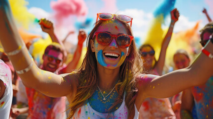 People celebrating Holi festival in India, happy young woman tourist with faces stained paint throwing colorful powder at party. Concept of color, fun, celebration, travel.