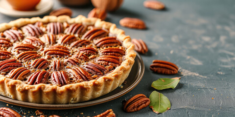 Artisan Pecan Pie on a table with copy space. Gourmet pecan pie with arranged nuts. 