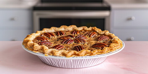 Artisan Pecan Pie on a table with copy space. Gourmet pecan pie with arranged nuts. 
