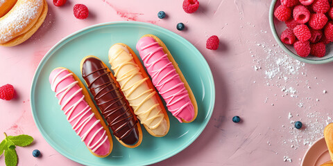 Top view Assorted eclairs on a pastel background with copy space. Sweet eclair with cream icing.