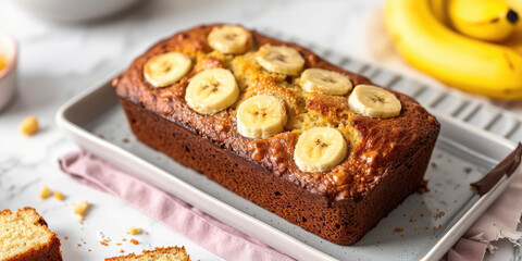 Top view of Homemade Banana Bread Delight. Freshly baked banana bread topped with banana slices on kitchen background.