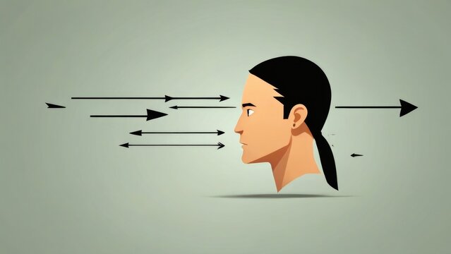 An animated arrow pointing to a persons head with the words Developing Strong Communication Skills appearing and spinning around it. minimal 2d illustration Psychology art concept