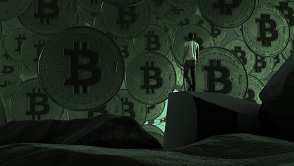 A man stands on a rock and looks at bitcoins. 3D rendering