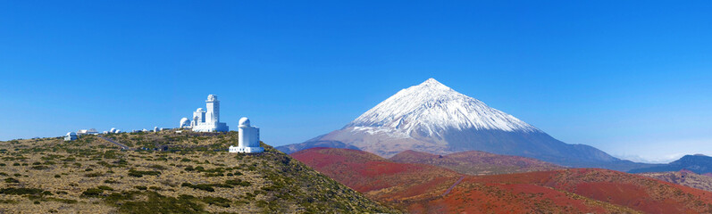 panoramic, panorama  view of  Teide Observatory and Mount Teide, blue sky, fine weather, Tenerife,...