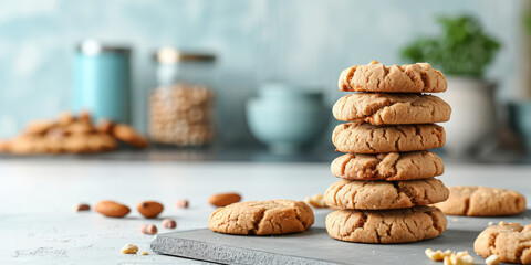 Stack of Peanut Butter Cookies. A stack of crunchy peanut butter cookies on a kitchen counter table in a plate, copy space. - obrazy, fototapety, plakaty