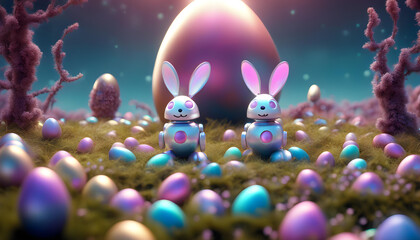 Fototapeta na wymiar Easter Concept. Cyber-bunny with easter eggs on a easter landscape with copy-space.