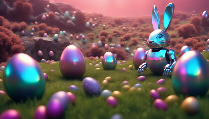 Easter Concept. Cyber-bunny with easter eggs on a easter landscape with copy-space.