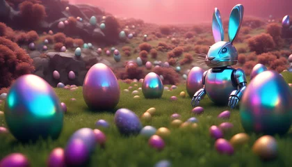 Fototapeten Easter Concept. Cyber-bunny with easter eggs on a easter landscape with copy-space. © DeniStudios