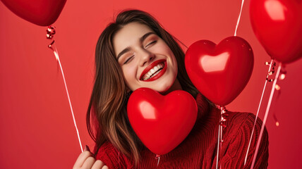 Happy girl celebrating Valentine`s Day, young woman model and heart shape balloons on red studio background, romantic design. Concept of love, party, fun, smiling people