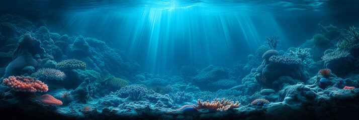 Underwater banner background. Transparent deep water of the ocean or sea with rocks and plants.