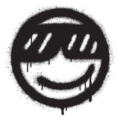 graffiti smiling face icon with sunglasses sprayed in black over white - obrazy, fototapety, plakaty