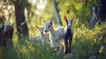 Obraz na płótnie Canvas Young goats exploring a lush green meadow.