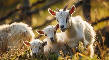 Naklejka premium Young goats exploring a lush green meadow.
