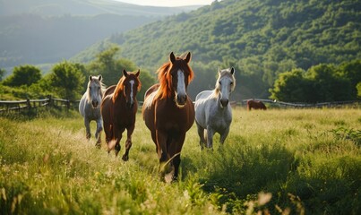 Horses walking calmly through a green meadow with trees. - obrazy, fototapety, plakaty