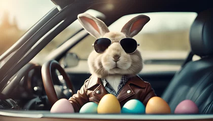 Foto op Aluminium Cool easter bunny in car with colorfull easter eggs. © DeniStudios