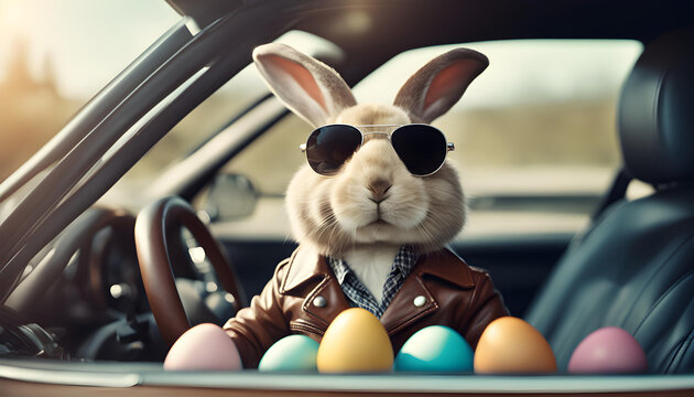 Cool easter bunny in car with colorfull easter eggs.