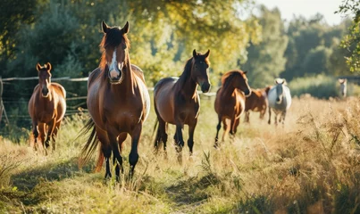 Photo sur Aluminium Prairie, marais Horses walking calmly through a green meadow with trees.
