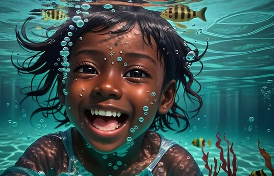 portrait of a happy black child who swims underwater in the pool
