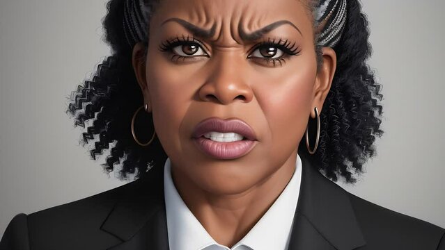 evil dark-skinned woman on a gray background in a business suit