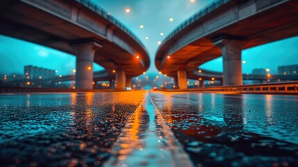 Two large bridges over a wet road with lights on, AI