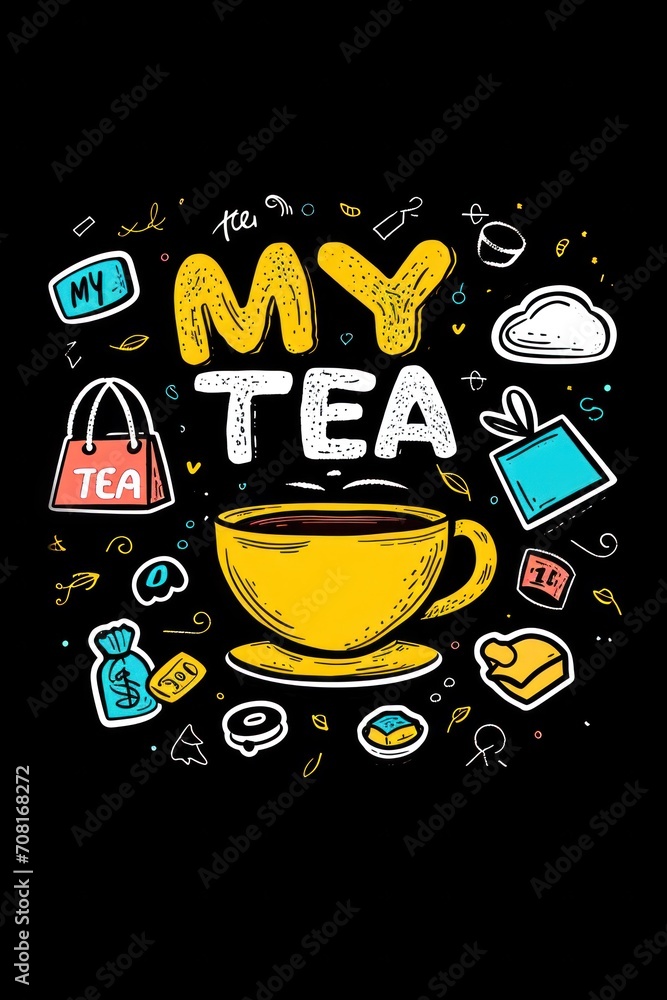 Sticker a cup of tea with text my tea and a bunch of icons around it, ai