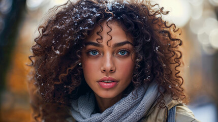 Beautiful mixed-race portrait of a woman making direct eye-contact in the winter