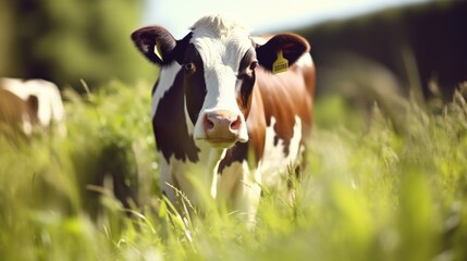 Closeup of a cow grazing in a lush pasture, practicing rotational grazing to maintain healthy soil. - obrazy, fototapety, plakaty