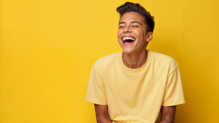 Happy, latino hispanic teen boy on a yellow background
