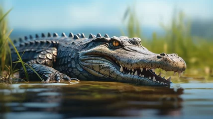 Fototapeten Serene crocodile basking on the riverbank, scales reflecting the shimmering water -Generative Ai  © Online Jack Oliver