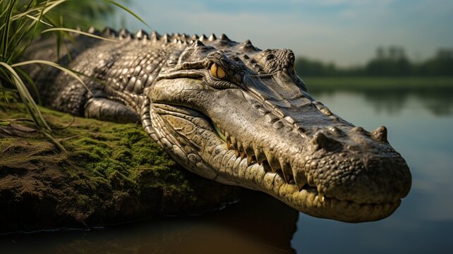 Serene crocodile basking on the riverbank, scales reflecting the shimmering water -Generative Ai
