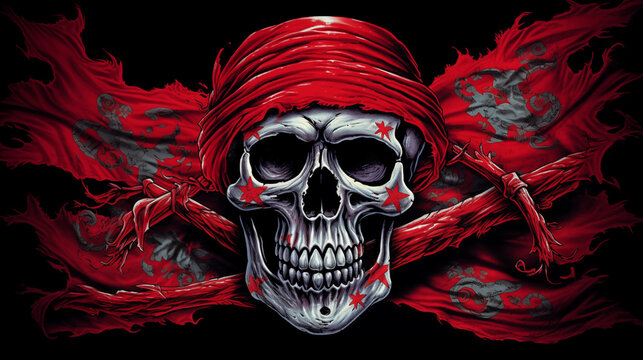 Piratenflagge gef&auml;hrlicher Totenkopf, Freibeuter der Meere, Jolly Rogers auf einer Fahne