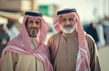 Two older Saudi Arabian men dressed in tobe looking at camera